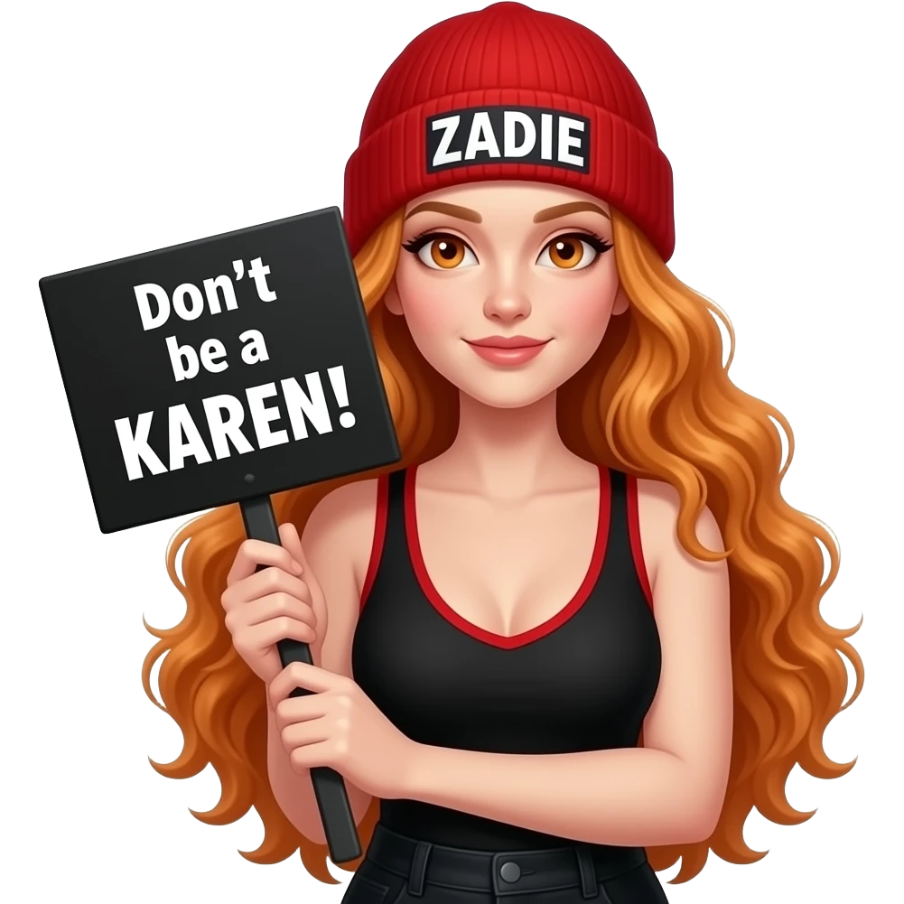 sexy girl with overlong wavy ginger hair and ginger eyes wearing a black red tanktop and a red beanie with ZADIE written on it, is holding a black sign with Don't be a KAREN! written on it emoji