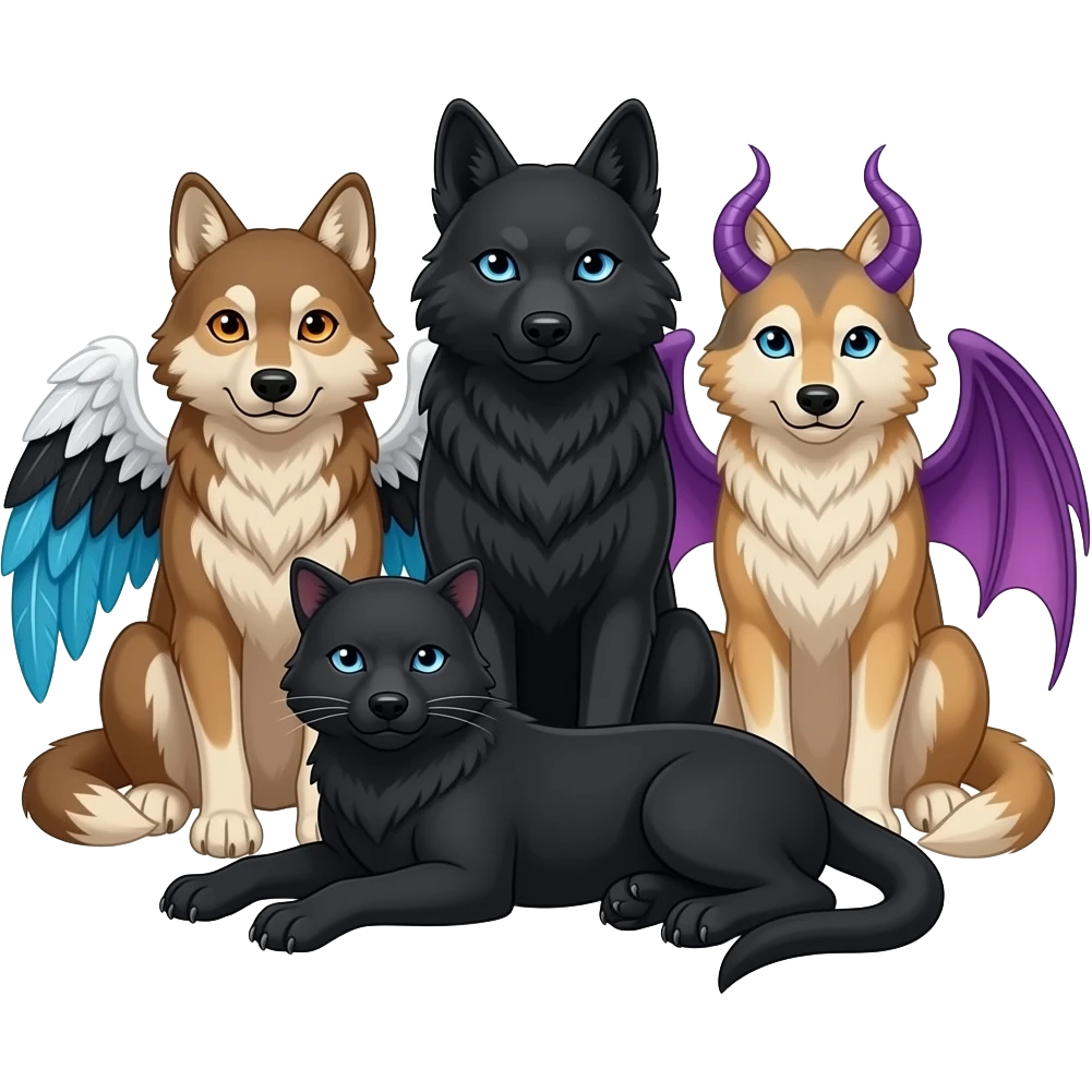 Three wolves are sitting together with a black panther with golden eyes lying at their feet. One wolf russet brown with orange eyes and black, white, and blue feathered wings. The middle wolf is all black with blue eyes, and the last wolf is tan with blue eyes and purplish draconic succubi wings. emoji