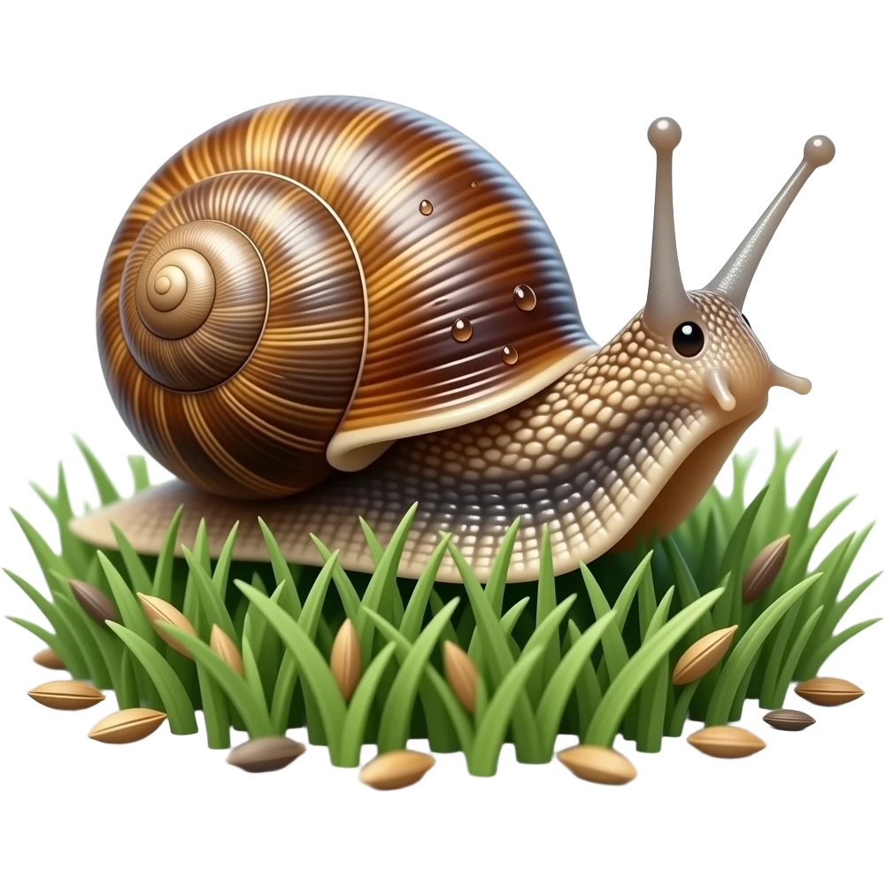 Photorealistic macro photo emoji of a real garden snail crawling through dense silver-green grass with tiny seeds, glossy brown striped shell, wet skin, no caterpillars, no text, isolated on solid white background emoji