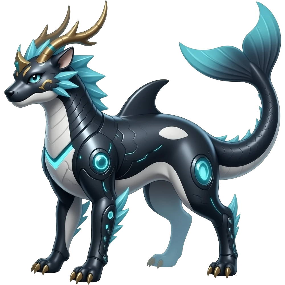 Tough realistic Quadrupedal digitigrade shiny glossy smooth finned frilled gothic tall slim unique epic legendary shiny edgy cool cyberpunk-solarpunk-fantasy-Sceptile-Sprigatito-Flyogn-Vaporeon-Manectric-Mudkip-Fakémon-hybrid with an orca tail emoji