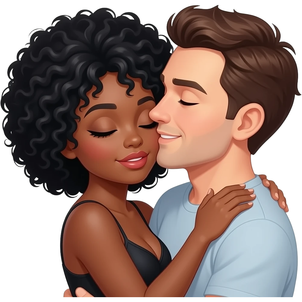 A sexy black woman with black hair Afro having sex with white man with brown hair emoji