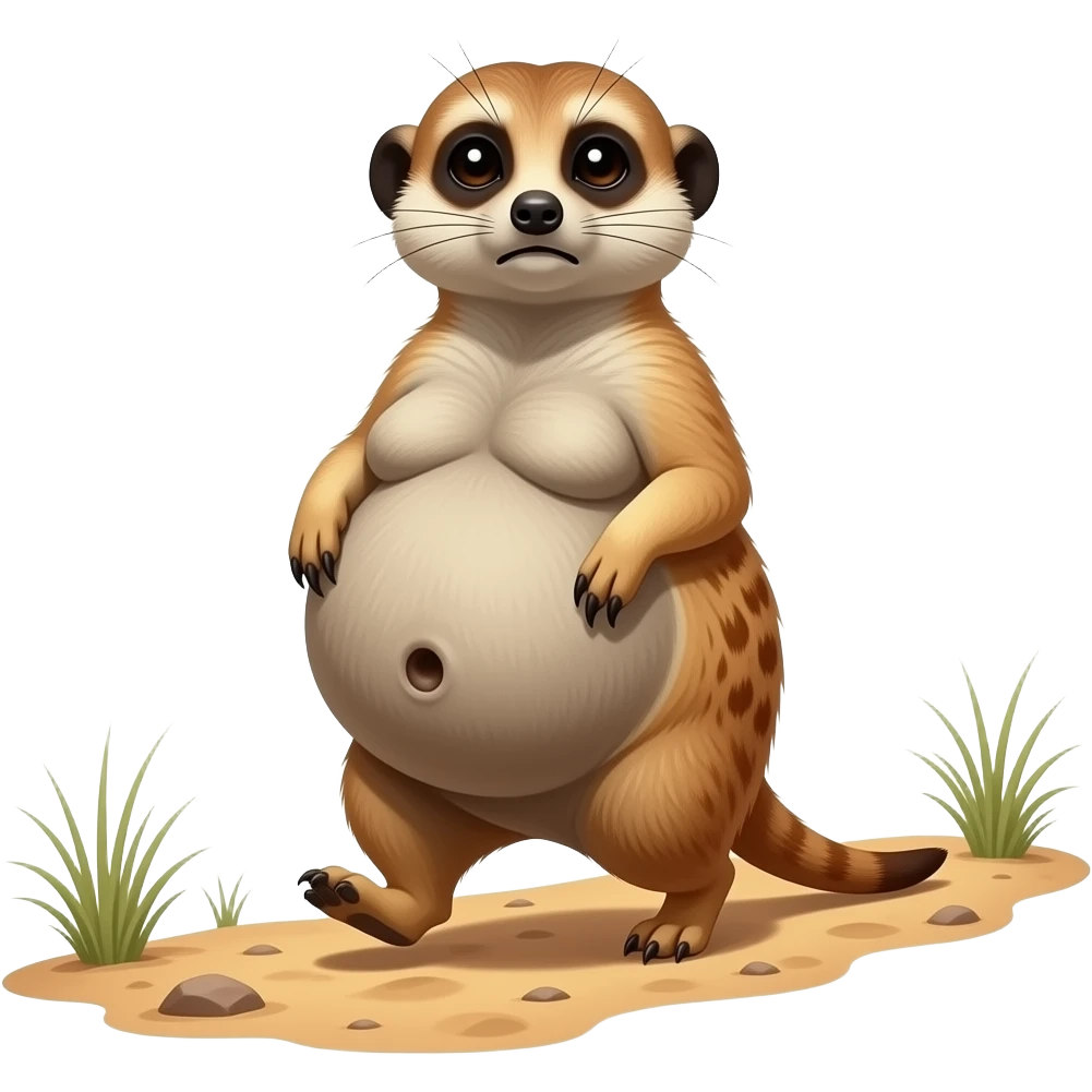 A female Meerkat now wants to give a try to walk,but with her full belly so big she has to hold it up off the ground,it is a guessing game if she is gonna all the way home ,but she knows she is just fat,her bellybutton makes agreement with clues. emoji