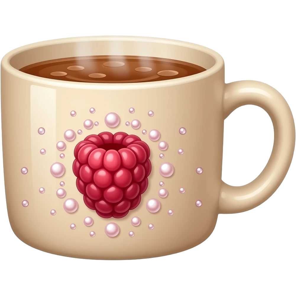 soft beige mug filled with steaming hot raspberry tea, decorated with blush beige pearl and sparkly embellishments (aesthetic, cute) emoji