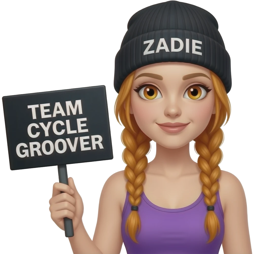 sexy girl with overlong ginger braids and ginger eyes wearing a purple tanktop and a black beanie with ZADIE written on it, is holding a black sign with TEAM CYCLE GROOVER written on it emoji
