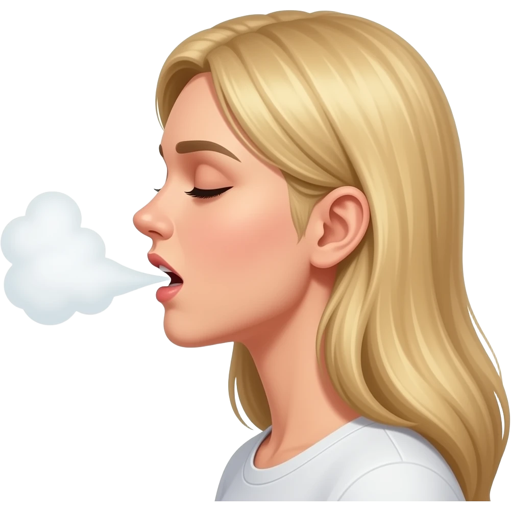 respirations profondes, bouche femme blonde ouverte en forme de petit O, avec souffle qui sort, vu de côté emoji