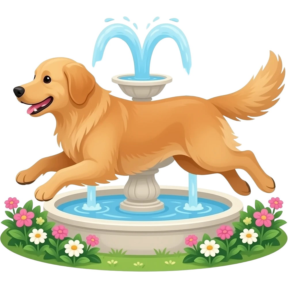 The Golden retriever runs around the garden fountain. emoji