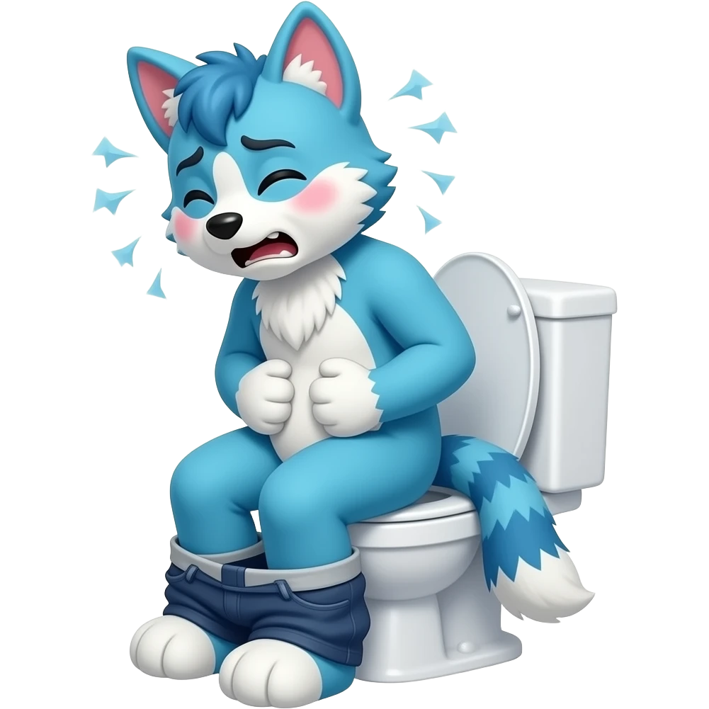 blue fursuit sitting on toilet, side view, pants down, straining face, blushing face, pain, pushing, both hands on stomach, discomfort, grunting emoji