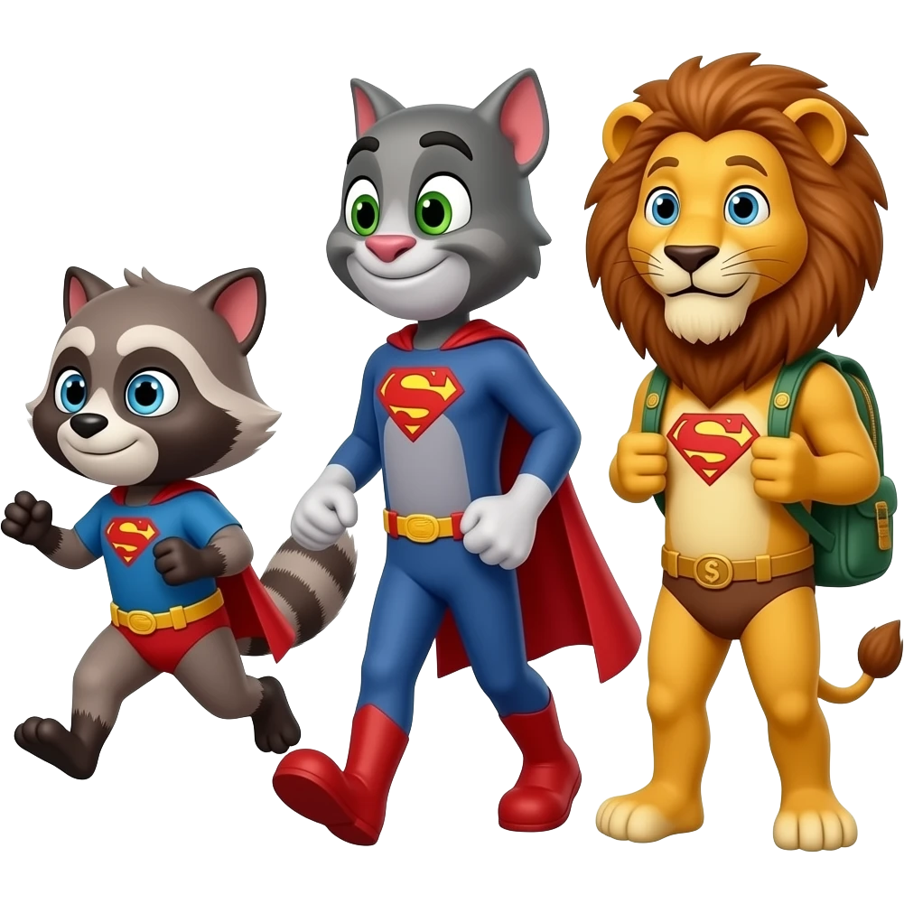 Mimi Talking Tom walking Mimi raccoon running money backpack with coin I add superhero Tom I add superhero lion emoji