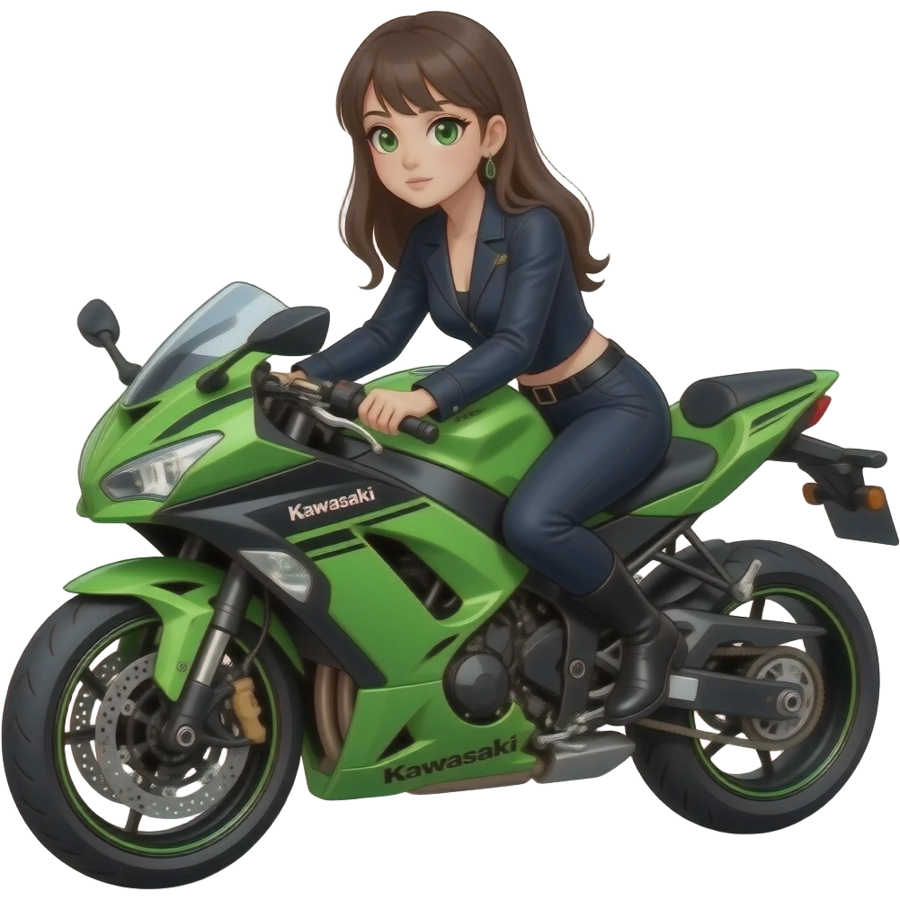 A girl that she's on the a kawasaki motorcycle in a dark style with green eyes and lash  clothes emoji