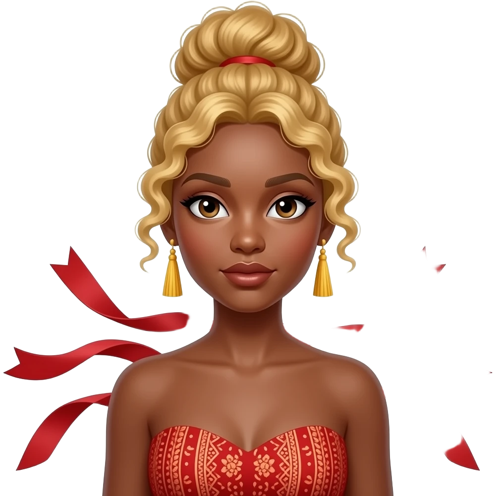A medium shot portrait of a Black woman with blonde, curly hair styled in a high bun, looking directly at the camera. She is wearing a strapless red top with intricate patterns and a yellow tassel earring in both of her ears. a flowy red ribbons flows through her shoulders emoji