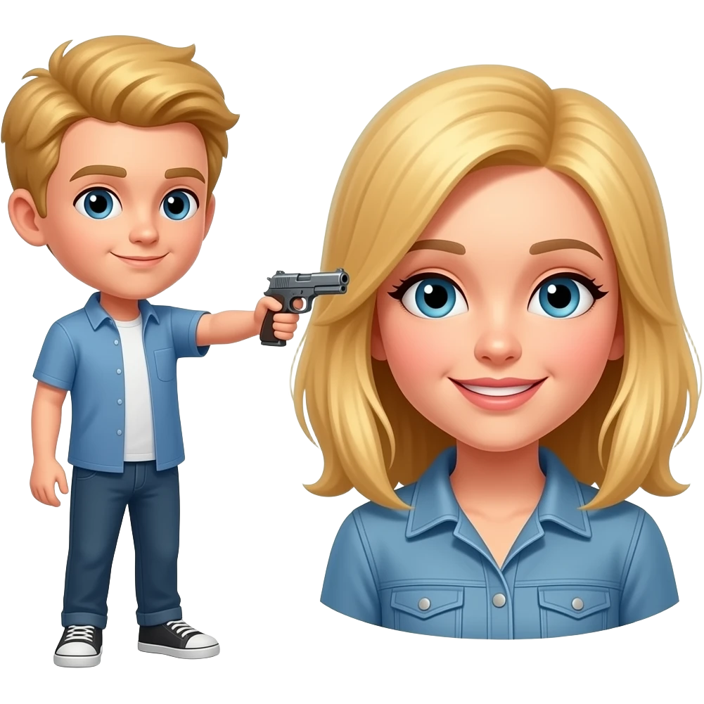 Blonde boy pointing a gun to a blonde girl k emoji