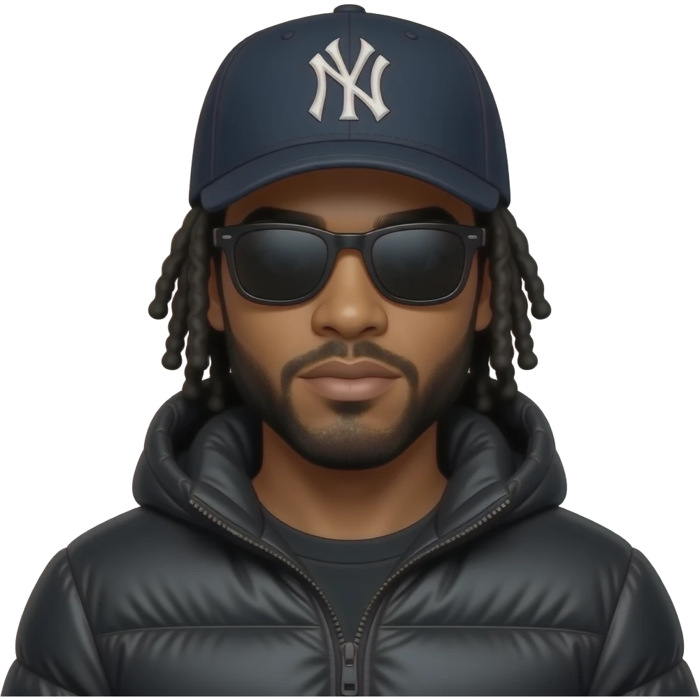 African American man with shoulder length black dreadlocks with black beard wearing black sunglasses wearing a New York Yankees logo baseball cap wearing a black bubble winter coat emoji