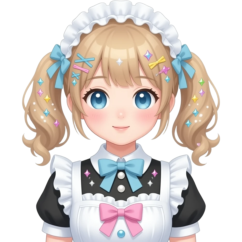 Japanese pale Gorgeous anime style girl blushing face maid outfit Lolita idol model colorful shiny sparkle kawaii pastelcore cottagecore pearly petite simplistic aesthetic trending style emoji