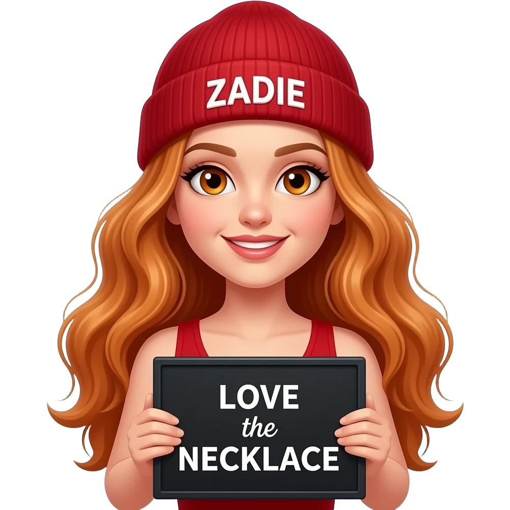 sexy girl with overlong wavy ginger hair and ginger eyes wearing a red tanktop and a red beanie with ZADIE written on it, is holding a black sign with LOVE the NECKLACE written on it emoji