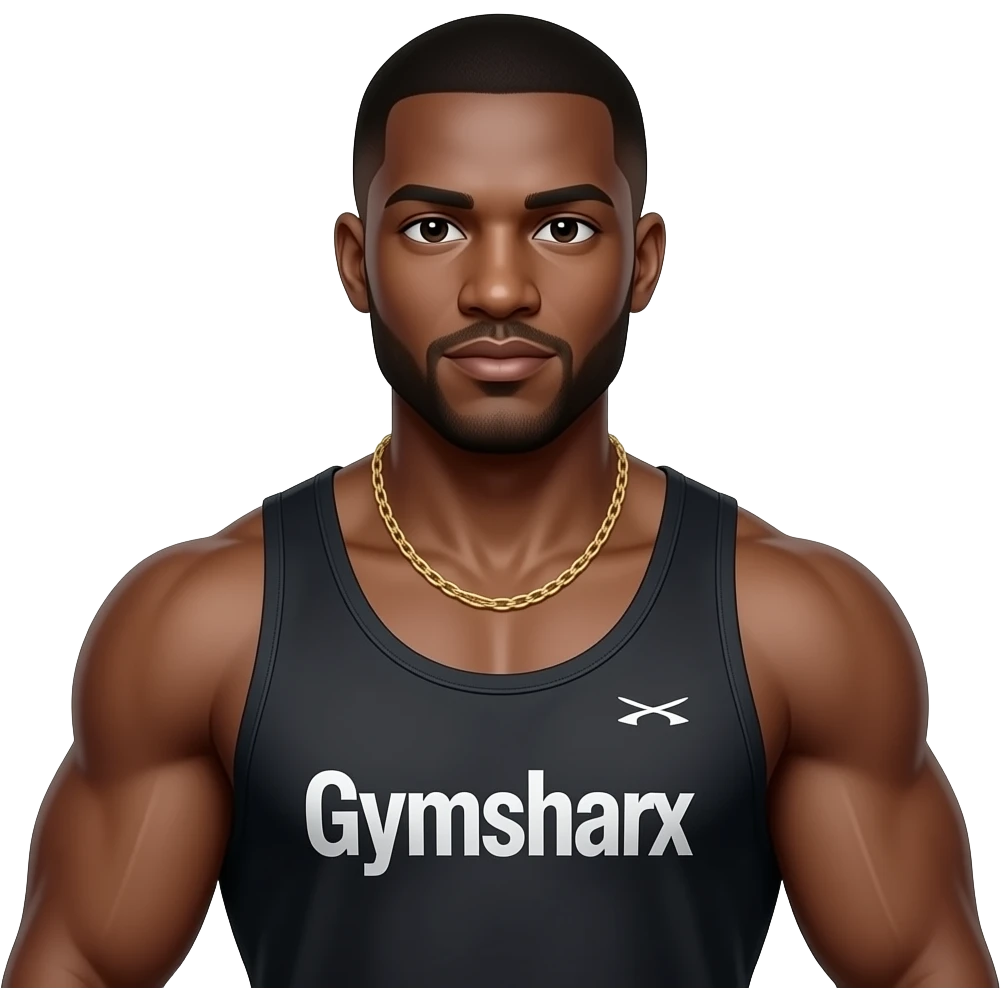 A medium shot captures a powerfully built Black man with a muscular physique, his chest and arms prominently displayed. He wears a gymshark tank top and a simple gold chain around his neck. emoji