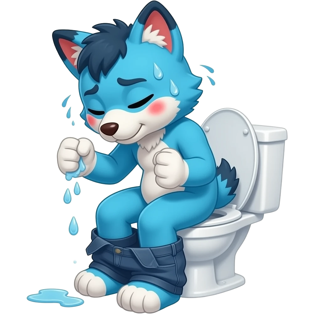 blue fursuit sitting on toilet, pants down, side view , fists, uncomfortable, squeezing, straining, sweating, red cheeks, diarrhea emoji