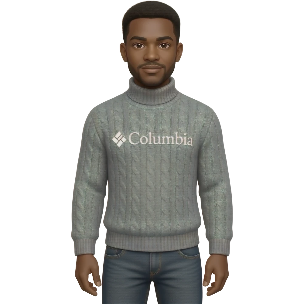 generate me a black black black very black guy with turtlneck sweater that's grey and its a sweater and the brand Columbia with grey jeans emoji