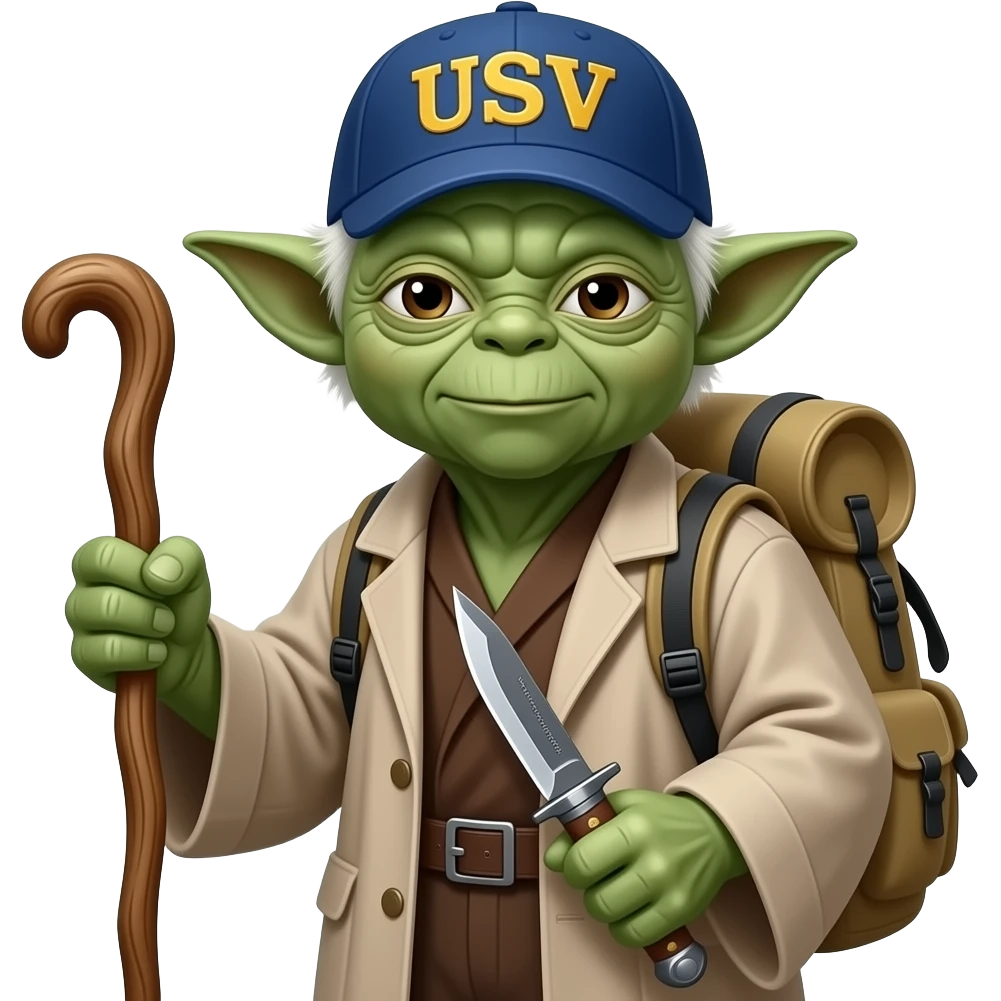 Yoda with a wood hiking stick in his right hand, a tan backpack over his shoulder , a Rambo knife hanging from his belt and a blue ball cap with USN in gold letters emoji