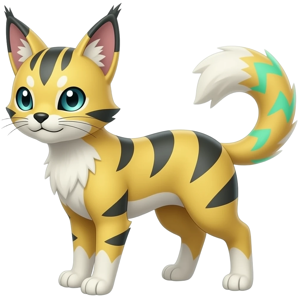 Yellow Renamon-Zeraora-Genet-Civet-caracal-Fennekin-Manectric-Vaporeon-Fakémon-hybrid with glowing neon cyan markings emoji