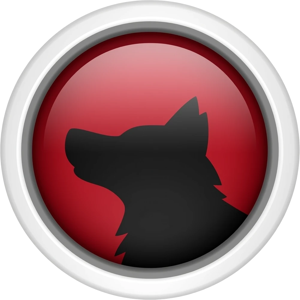 Red and black badge with a wolf emoji