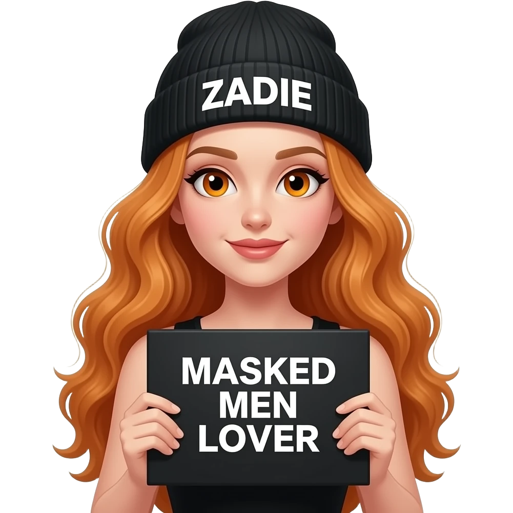 sexy girl with overlong wavy ginger hair and ginger eyes wearing a black tanktop and a black beanie with ZADIE written on it, is holding a black sign with just MASKED MEN LOVER on it emoji