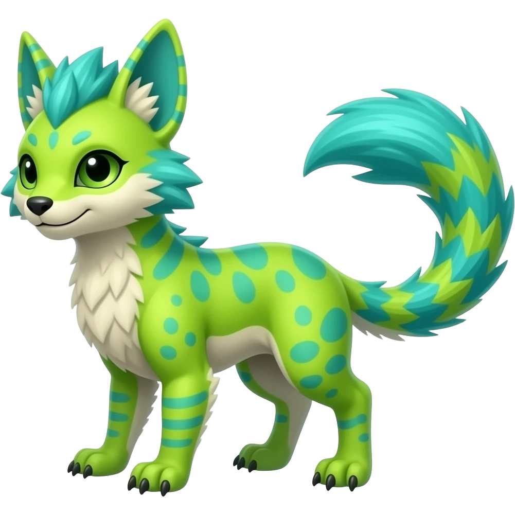Feral Rare Fantasy vibrant tropical exotic neon-lime green and cyan Vernid-Trico-species-creature by LiLaiRa, random markings, tufted tail, tufted ears, full body emoji
