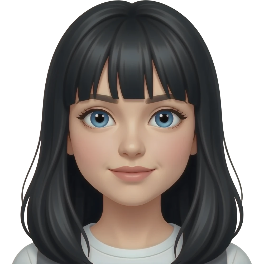 White girl with long black hair with bangs and very blue eyes emoji