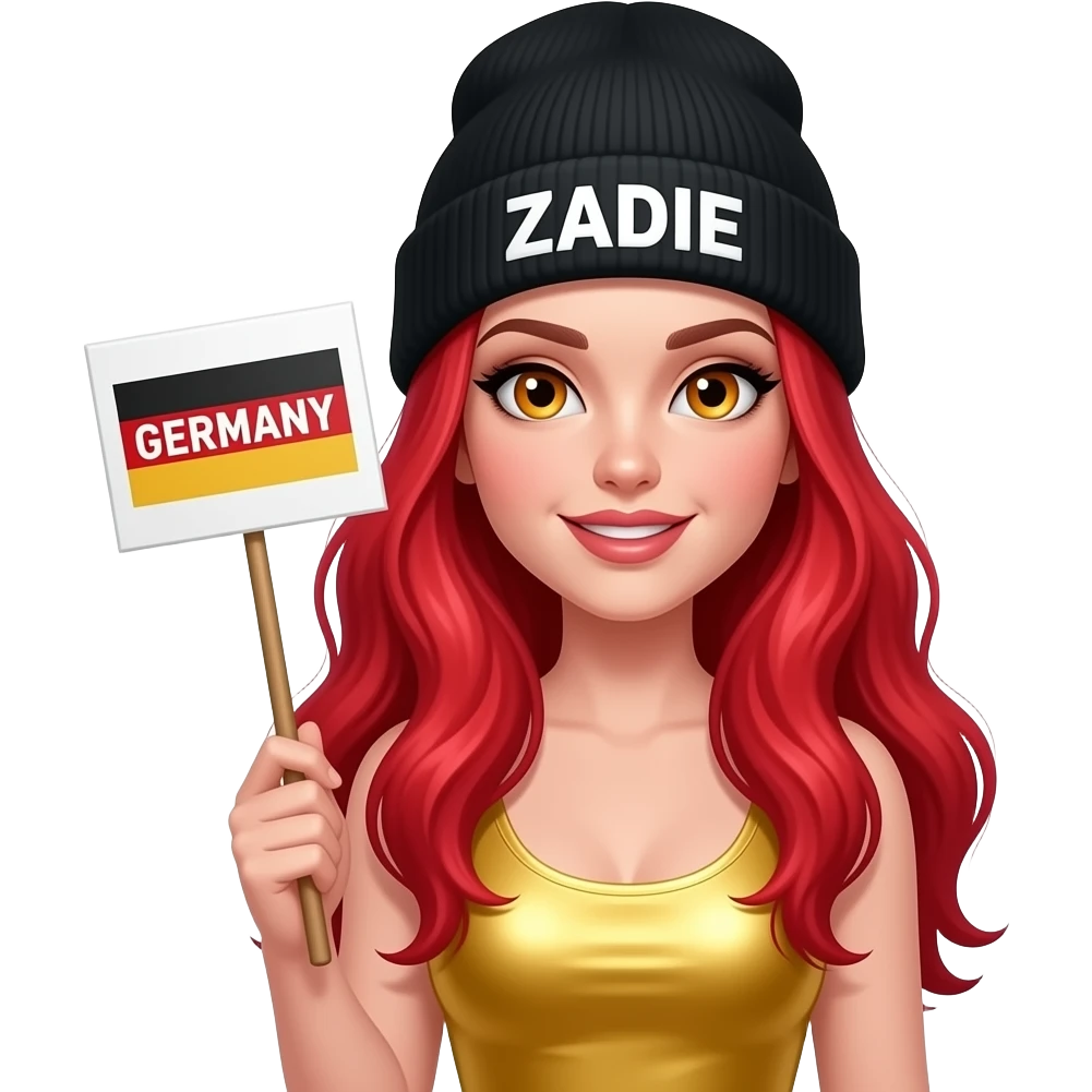 sexy girl with overlong neon red hair and ginger eyes wearing a gold tanktop and a black beanie with ZADIE written on it, is holding a sign with GERMANY written on it emoji
