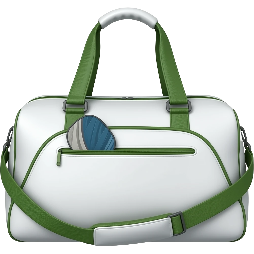 Apple iOS style white sports bag emoji, glossy 3D duffel bag with visible front paddle pocket holding a pickleball paddle, green accent details and piping, minimal luxury design, front-facing, smooth shading, ultra detailed, clean background, premium iOS emoji aesthetic emoji