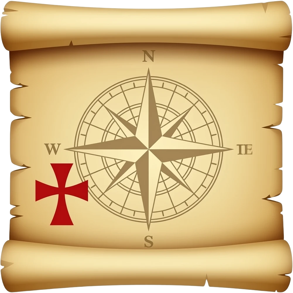 A treasure map, highly detailed,  a red maltese cross marks the location of the treasure, old parchment, slightly scrolled ends emoji
