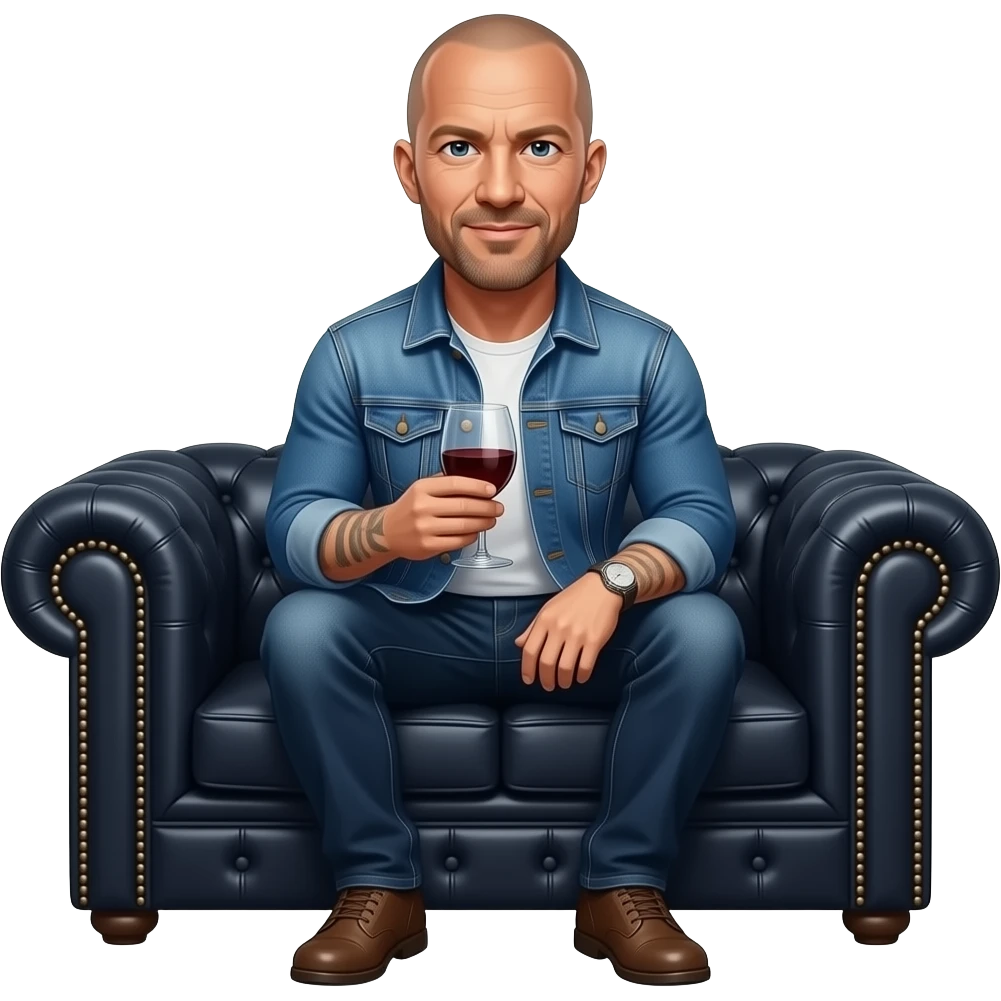 Джейсон Стейтем в джинсовке levis сидит на мягком темном диване с вином emoji