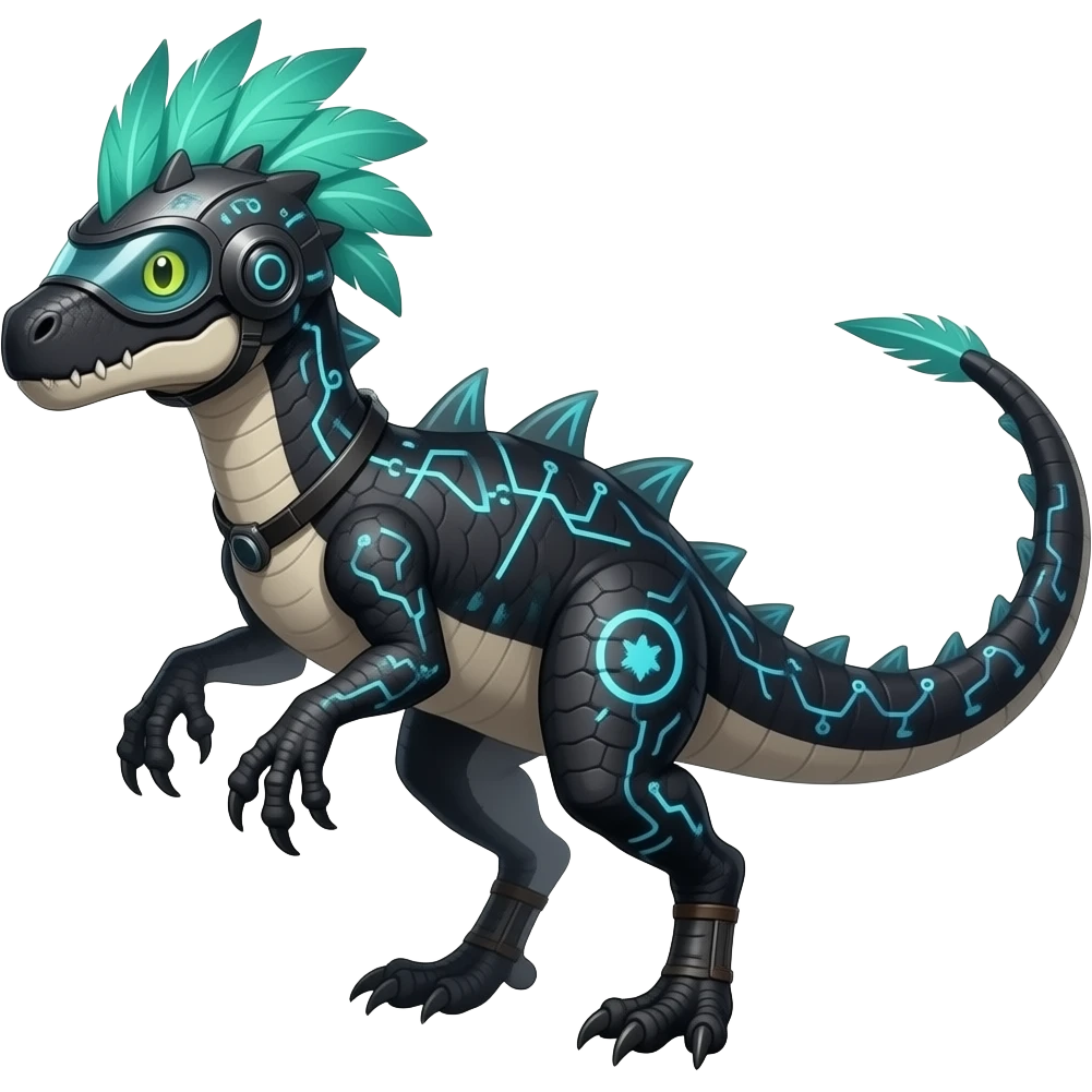 Cool edgy fiery cybernetic electrical visor-helmeted, Circuitry-patterned black-scaled digitigrade futuristic raptorik fantasy-Cyberpunk-Steampunk-Solarpunk-Genesect-Salamence-Cyclizar-Salazzle-Feraligatr-Fakémon-animal-hybrid, with neon feather-mane, and a tail blade, back spikes emoji
