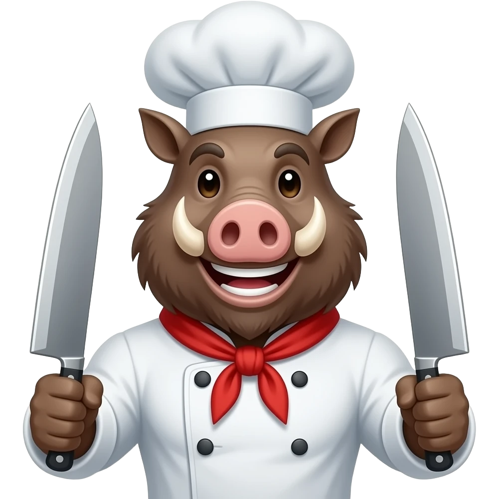 sanglier cuisinier content grand sourire deux couteau a la main + muscle emoji