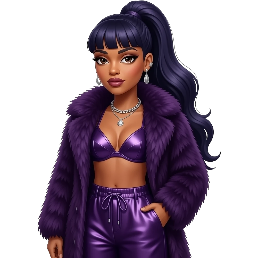 Missy Elliott with dark brown eyes, long dark indigo high ponytail bang hair, dark purple fur coat, dark purple metallic bra, dark purple metallic baggy pants, necklace and earrings emoji