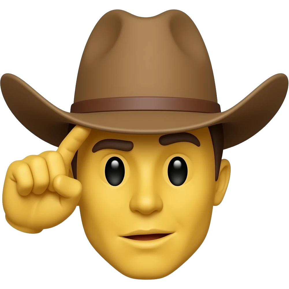 Make a regular yellow emoji with a cowboy hat this his hand tipping the hat down abit in front of his face emoji