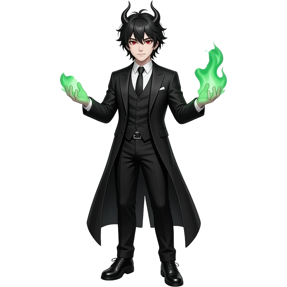 young, strong demonic man with messy black hair, white skin, red eyes, in a gothic style suit with black pants and black, gothic-style shoes, and green fire in his hands emoji