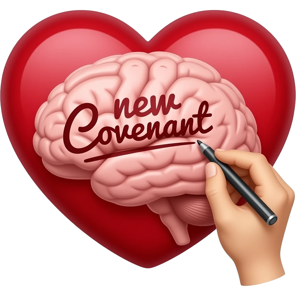 Make a heart. Make the heart with a mind inside of it, and have a hand writing on the heart/brain. make the brain that is being written on say new covenant emoji