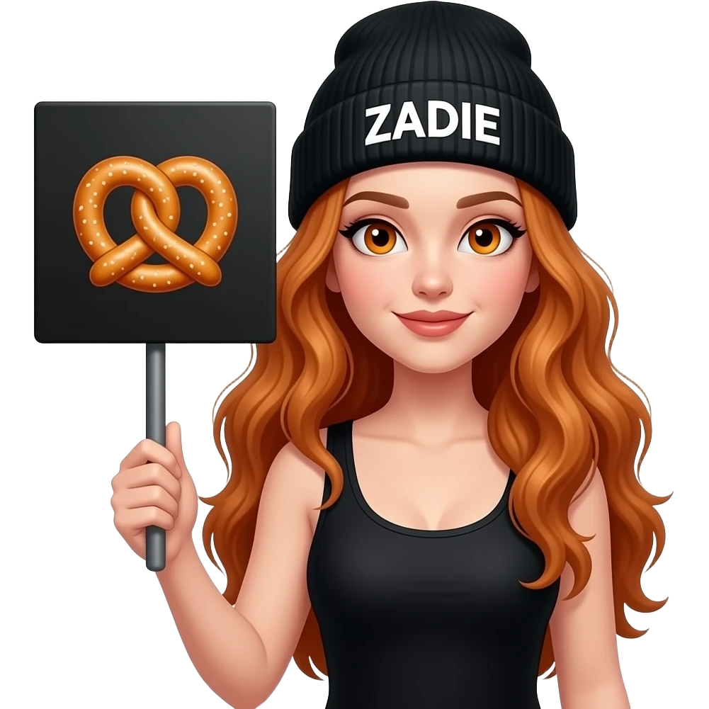 sexy girl with overlong wavy ginger hair and ginger eyes wearing a black tanktop and a black beanie with ZADIE written on it, is holding a black sign with 🥨 on it emoji