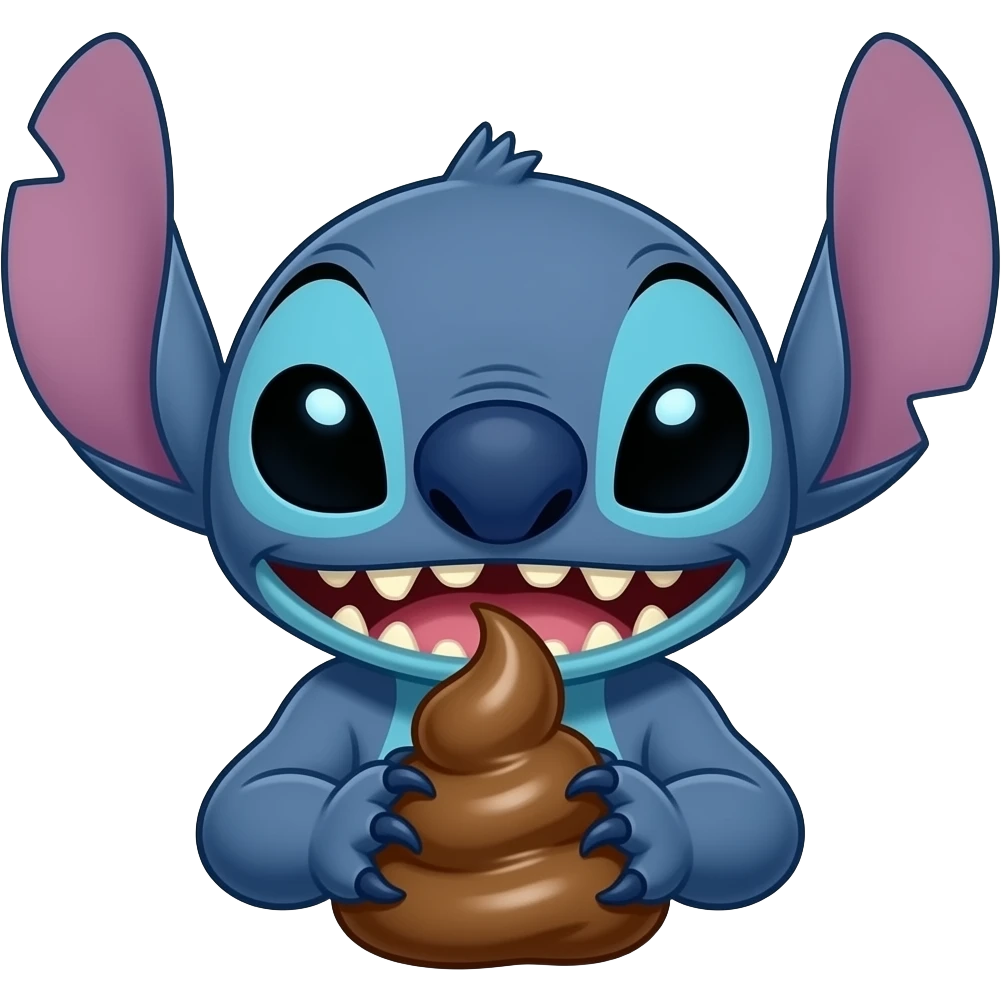 stich diabolico con cara en un baño aciendo caca emoji