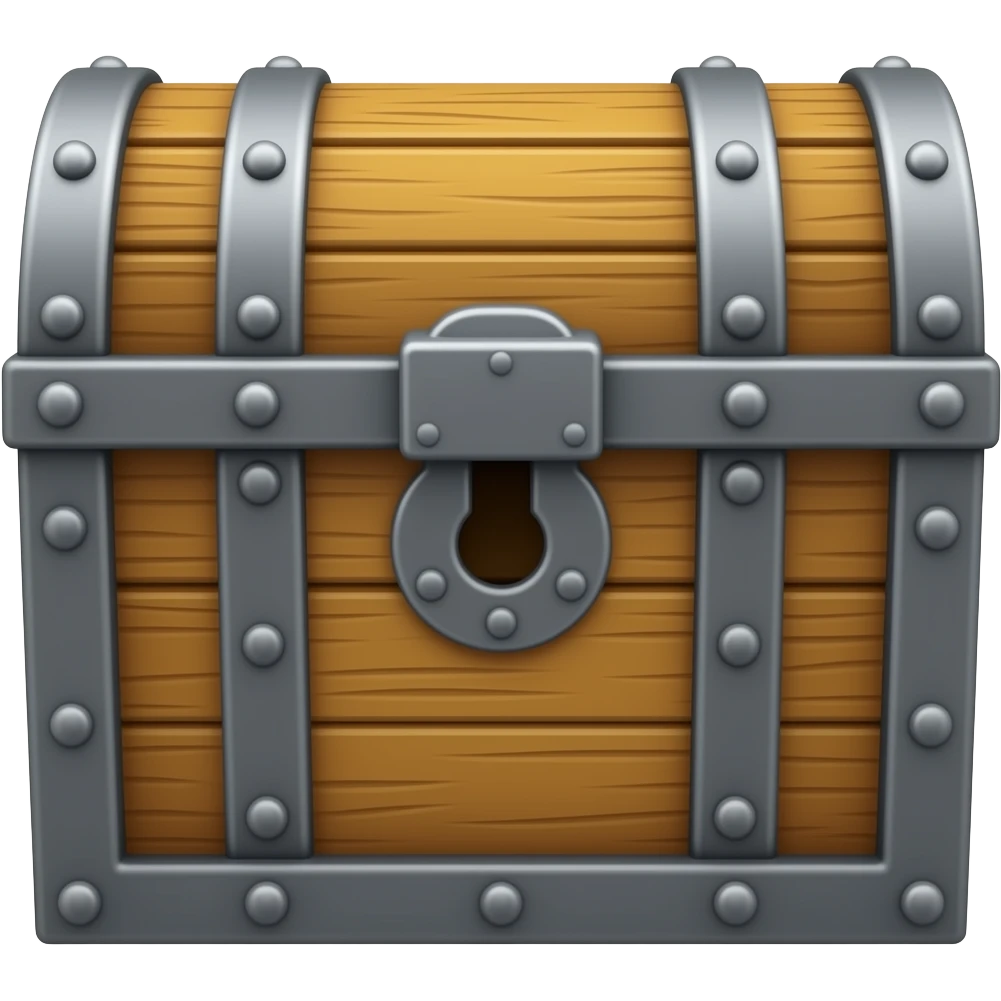 hyper-realistic, Plain looking battered wooden chest with iron fittings, closed, facing forward emoji