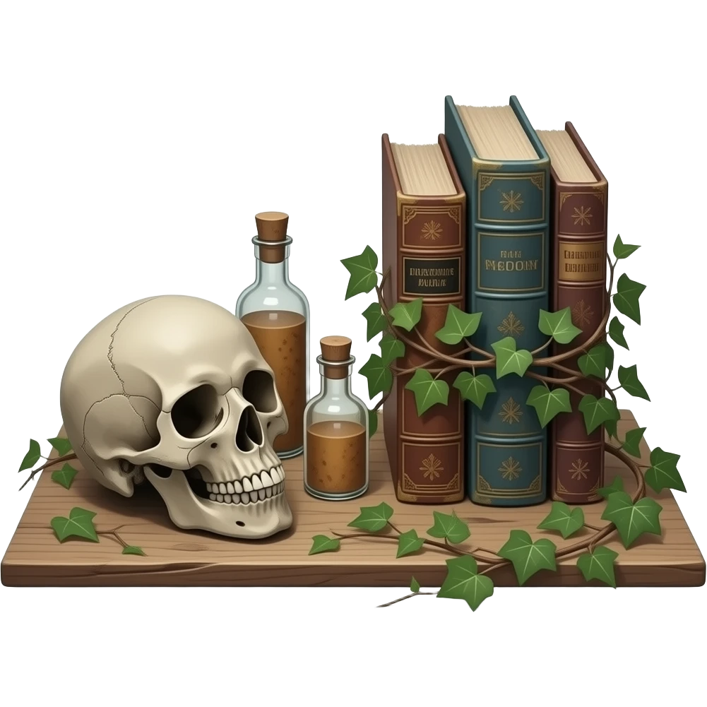 realistic cinematic - Joel Peter Witkin style - still life arranged on a wooden board, includes a corpse's head, tiny dusty bottles, old battered books, some wrapped ivy emoji