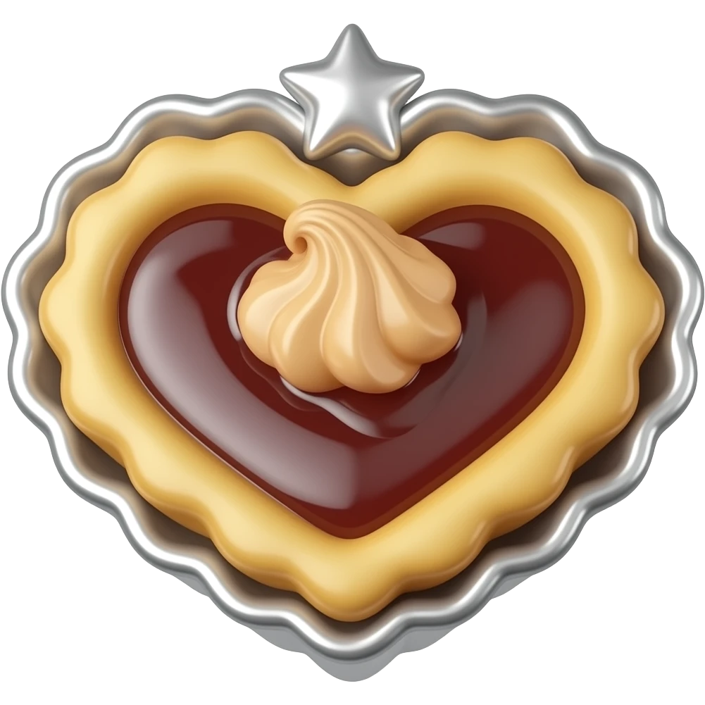 3D chrome luxury heart shaped pastry pie with jam and beautiful pastry decoration, minimalist style, front view. emoji