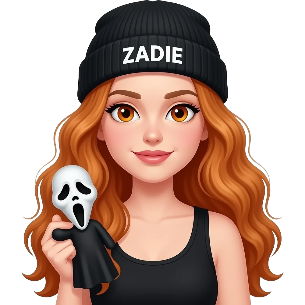 sexy girl with overlong wavy ginger hair and ginger eyes wearing a black tanktop and a black beanie with ZADIE written on it, is is holding a ghostface puppet emoji