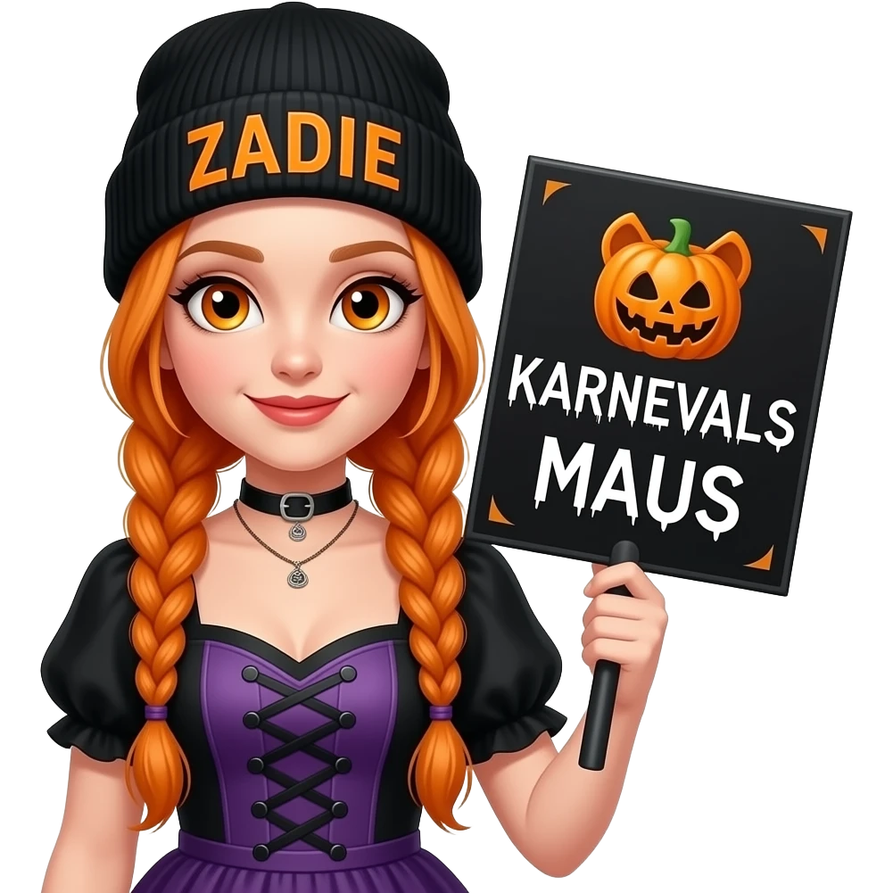 sexy girl with overlong ginger braids and ginger eyes wearing a halloween dress and a black beanie with ZADIE written on it, is holding a black sign with KARNEVALS MAUS written on it emoji