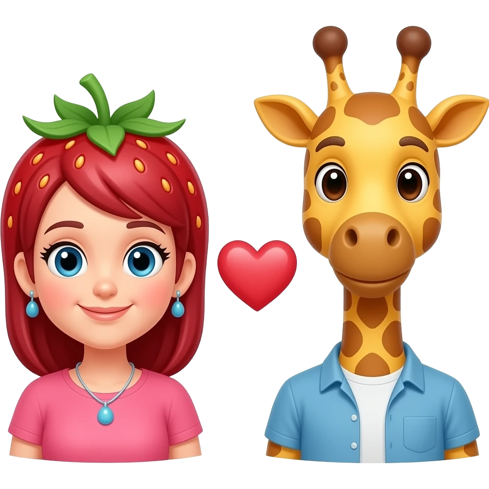 Female Cartoon strawberry character like cloudy with a chance of meatballs and cartoon male  giraffe with love heart inbetween them emoji