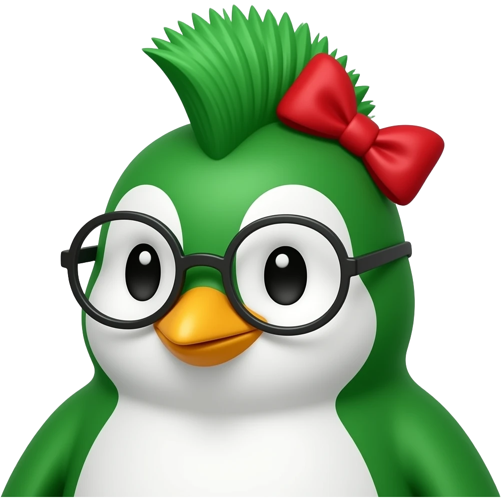 green mohawk haired penguin with red hairbow and glassess, just face emoji