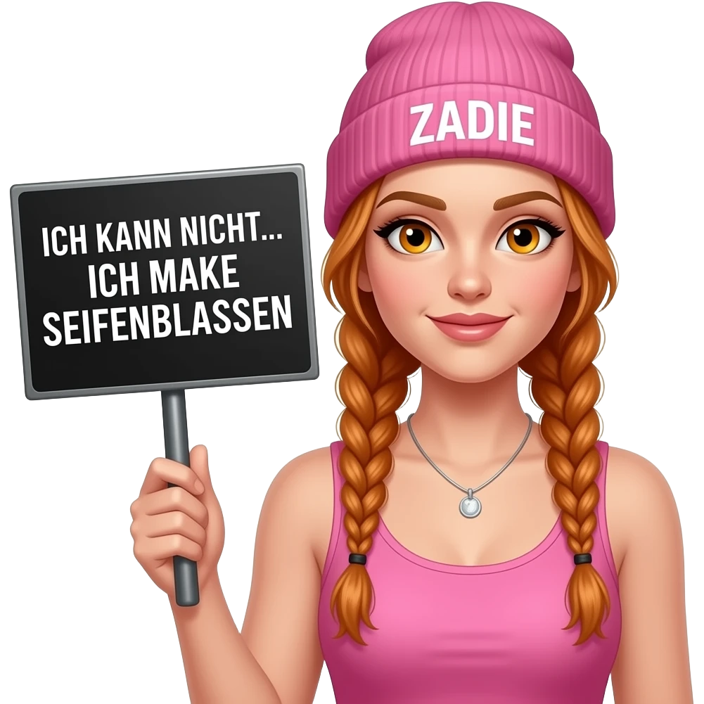 sexy girl with overlong ginger braids and ginger eyes wearing a pink tanktop and a pink beanie with ZADIE written on it, is holding a black sign with ICH KANN NICHT... ICH MACHE SEIFENBLASEN written on it emoji