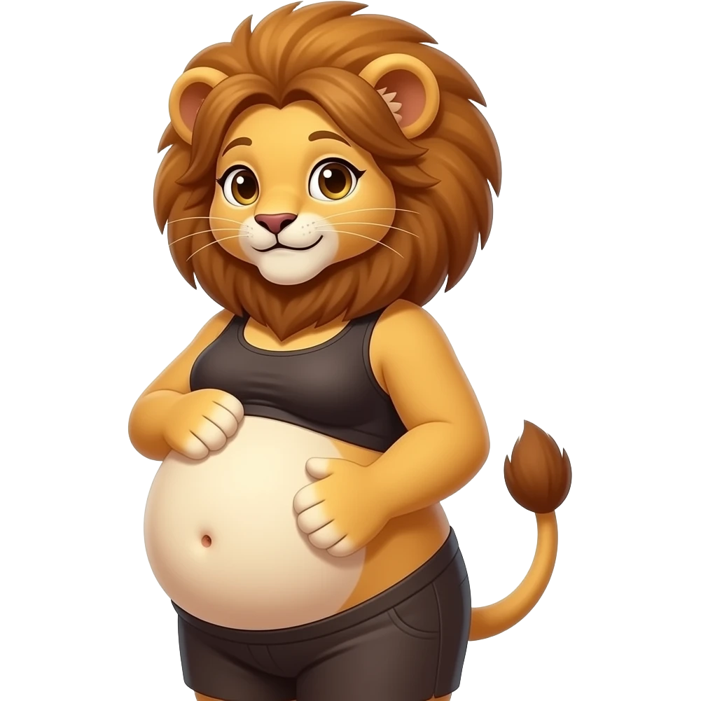 A humanoid girl lion cub,poses for the camera,have in the cutest side view of her young body,but also she is cradling and patting her rather large belly,so she is kind of fat,Bellybutton,she had just won an eating contest while gaining weight in the process,A full Tummy as an award. emoji