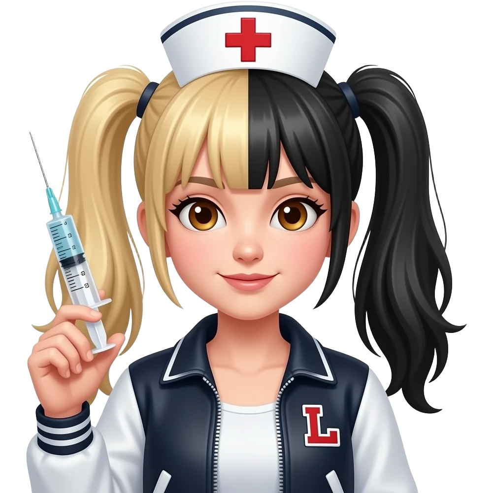 Punk nurse girl with hypodermic needle with half blonde half black hair in pigtails with a letter L patch on jacket and brown eyes emoji
