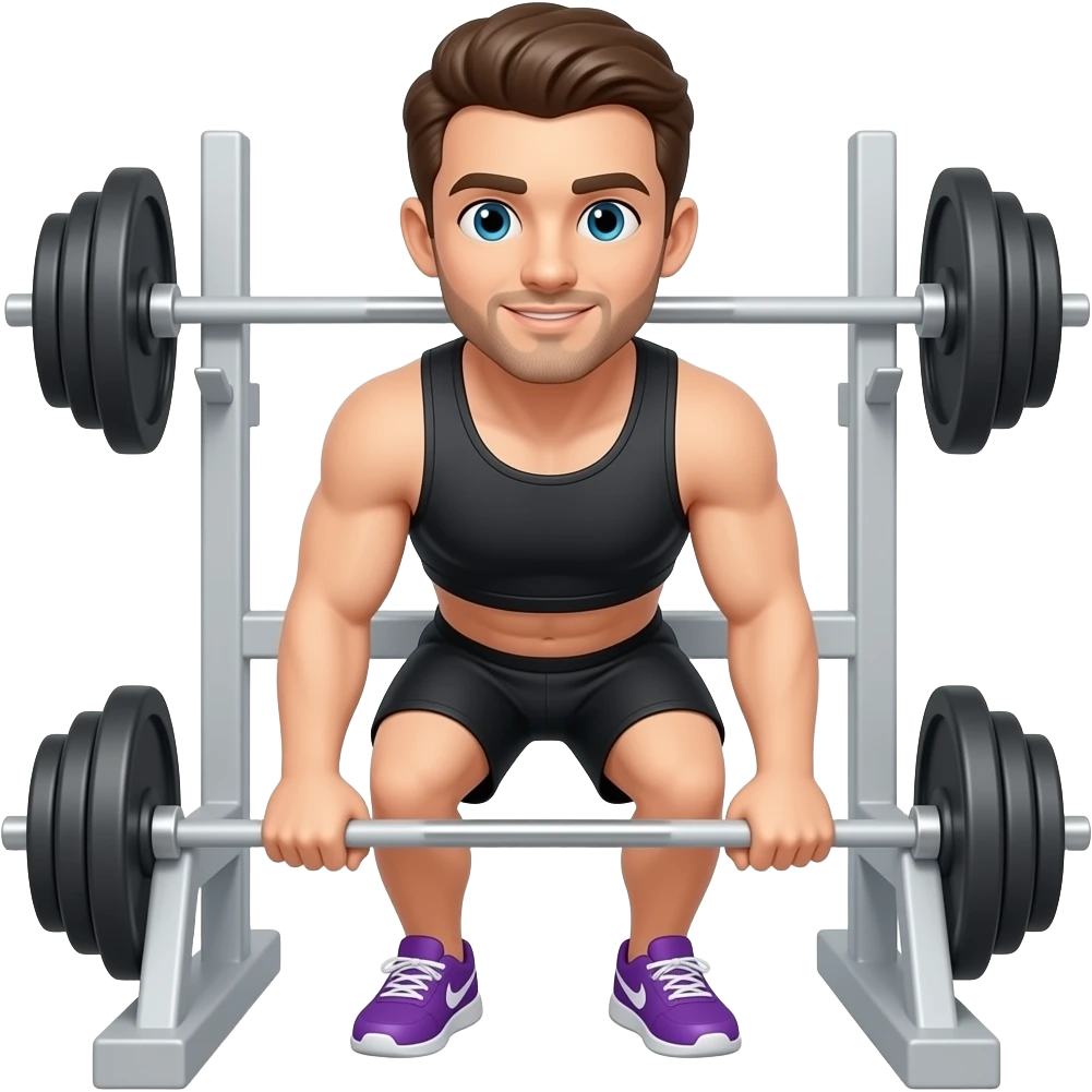 این کاراکتر با لباس ورزشی و کفش بنفش و شلوارک مشکی در حال انجام حرکت Barbell Row emoji